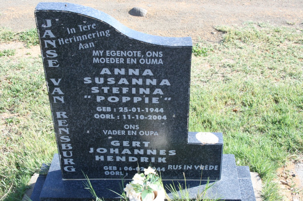 RENSBURG Gert Johannes Hendrik, Janse van 1944- &amp; Anna Susanna Stefina 1944-2004