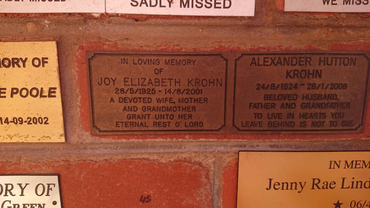 KROHN Alexander Hutton 1924-2008 &amp; Joy Elizabeth 1925-2001