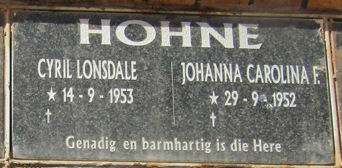 HOHNE Cyril Lonsdale 1953- & Johanna Carolina F. 1952-