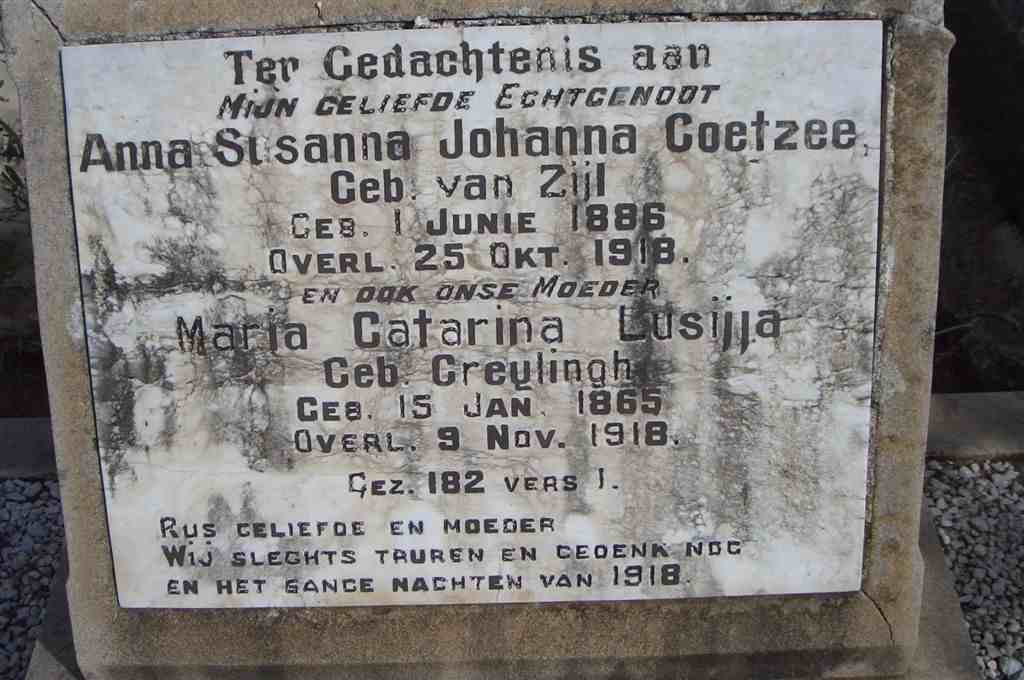 COETZEE Maria Catarina Lusija nee GREYLINGH 1865-1918 :: COETZEE Anna Susanna Johanna nee VAN ZIJL 1886-1918