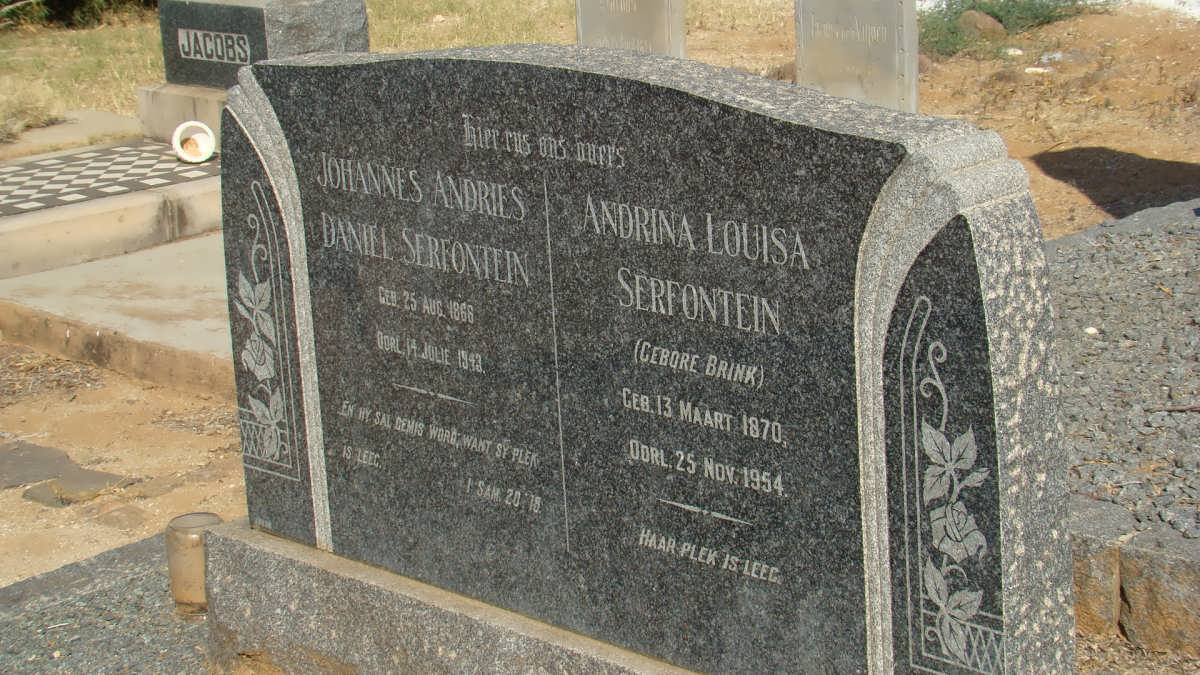 SERFONTEIN Johannes Andries Daniel 1866-1943 &amp; Andrina Louisa BRINK 1870-1954 