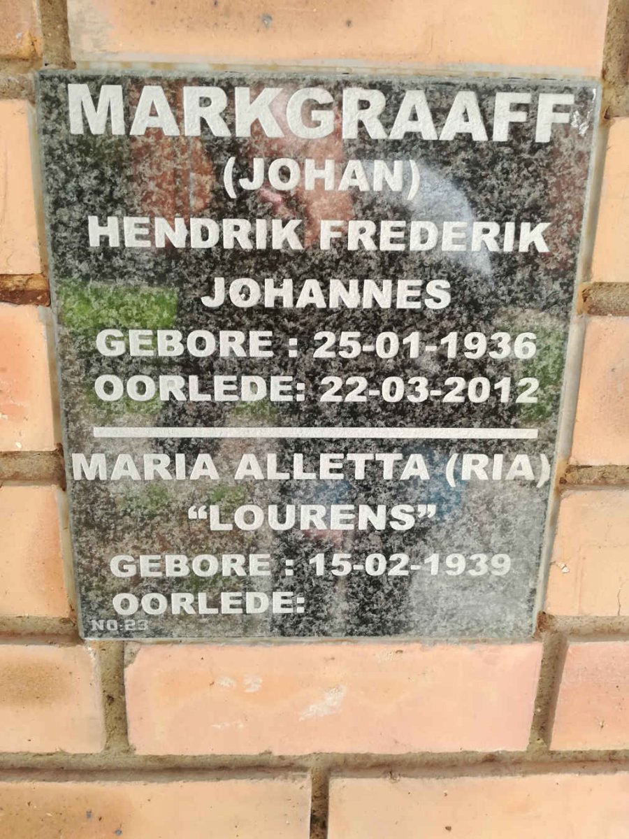 MARKGRAAFF Hendrik Frederik Johannes 1936-2012 &amp; Maria Alletta LOURENS 1939-