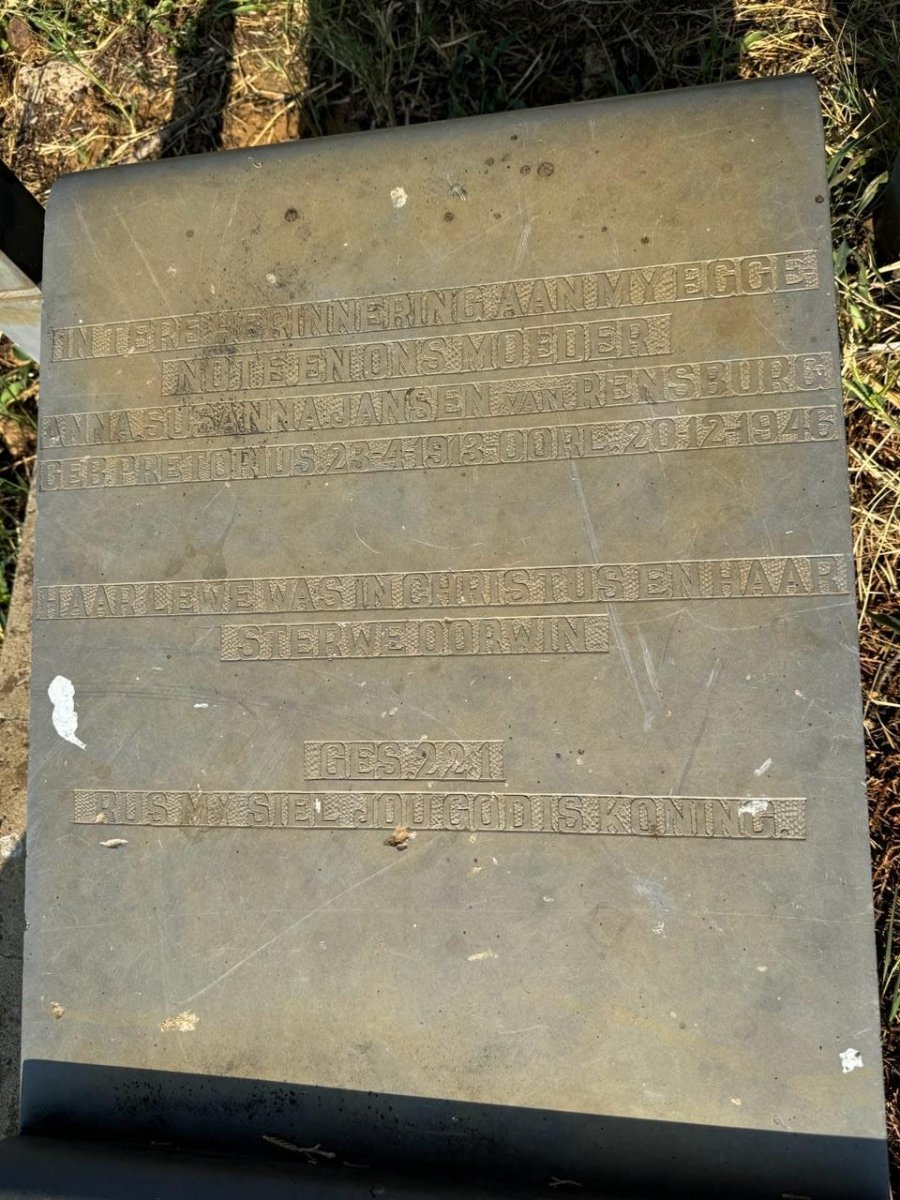 RENSBURG Anna Susanna, Jansen van nee PRETORIUS 1913-1946 