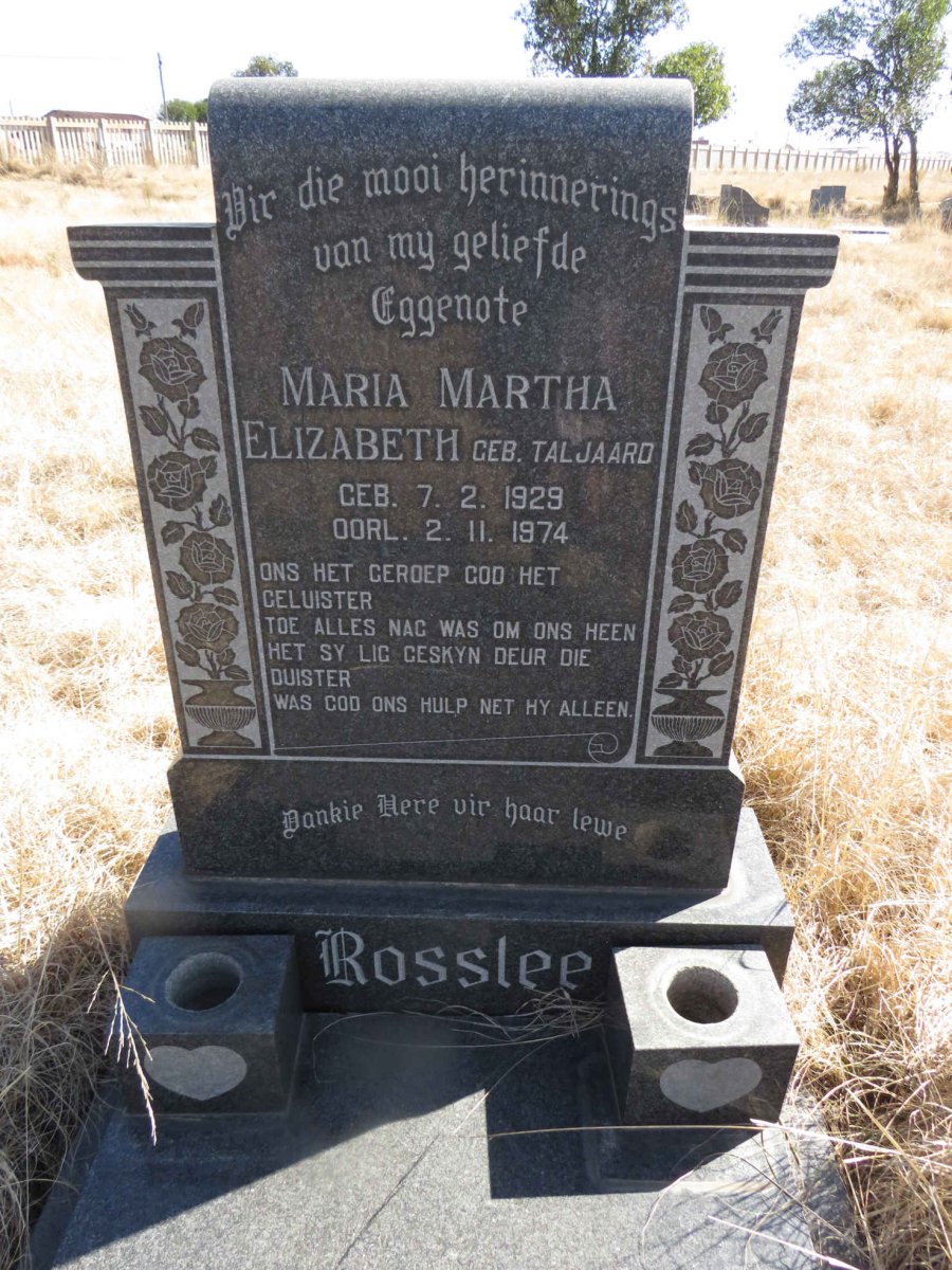 ROSSLEE Maria Martha Elizabeth nee TALJAARD 1929-1974