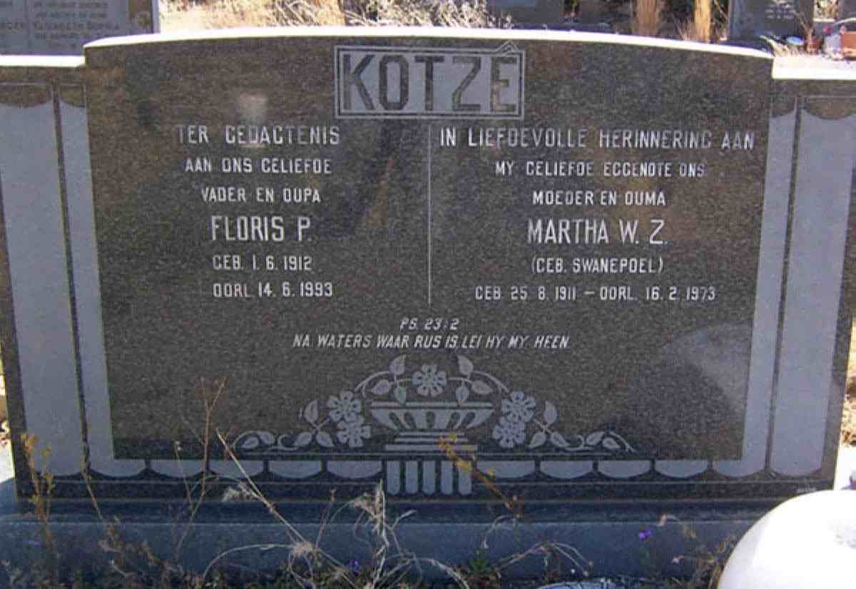 KOTZE Floris P. 1912-1993 &amp; Martha W.Z. SWANEPOEL 1911-1973
