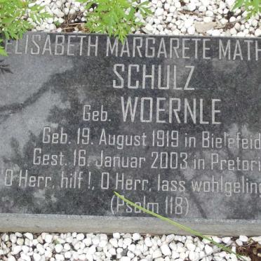 SCHULZ Elisabeth Margarete Mathilde nee WOERNLE 1919-2003