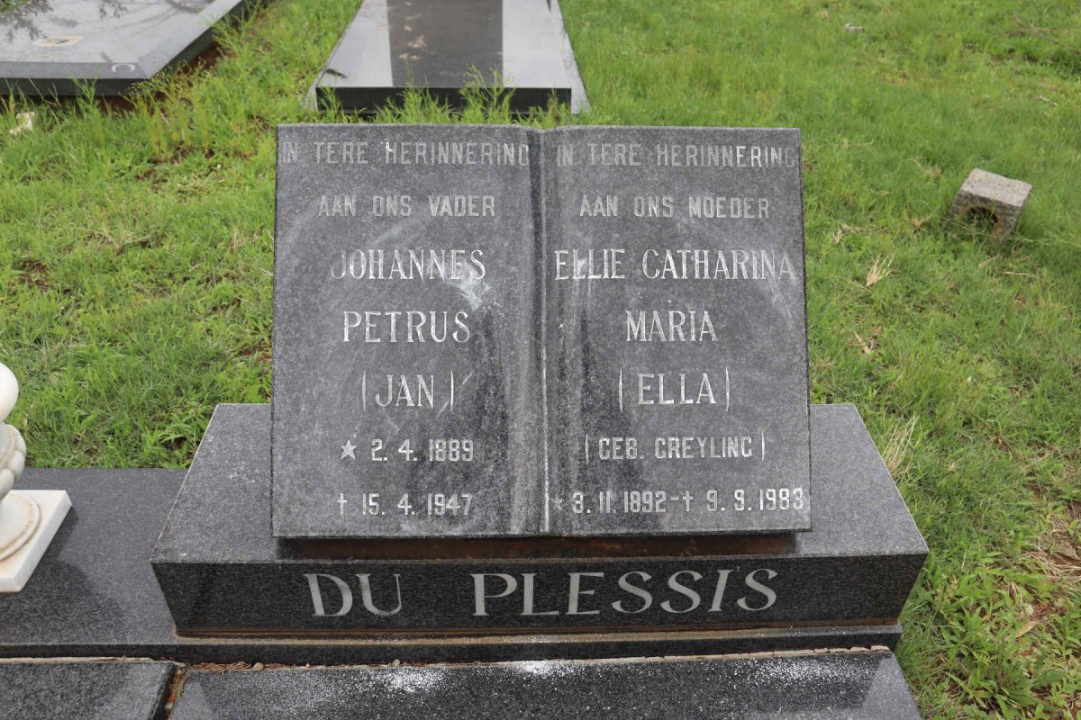 PLESSIS Johannes Petrus, du 1889-1947 &amp; Ellie Catharina Maria GREYLING 1892-1983