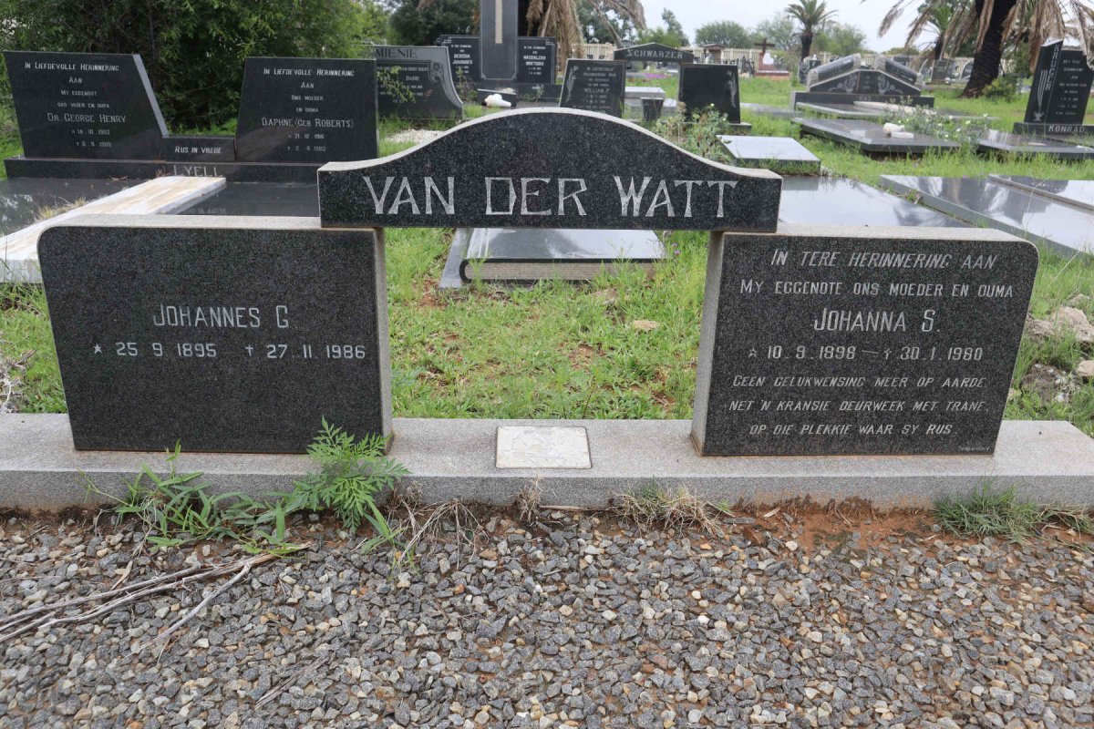 WATT Johannes G, van der 1895-1986 &amp; Johanna S. 1898-1980