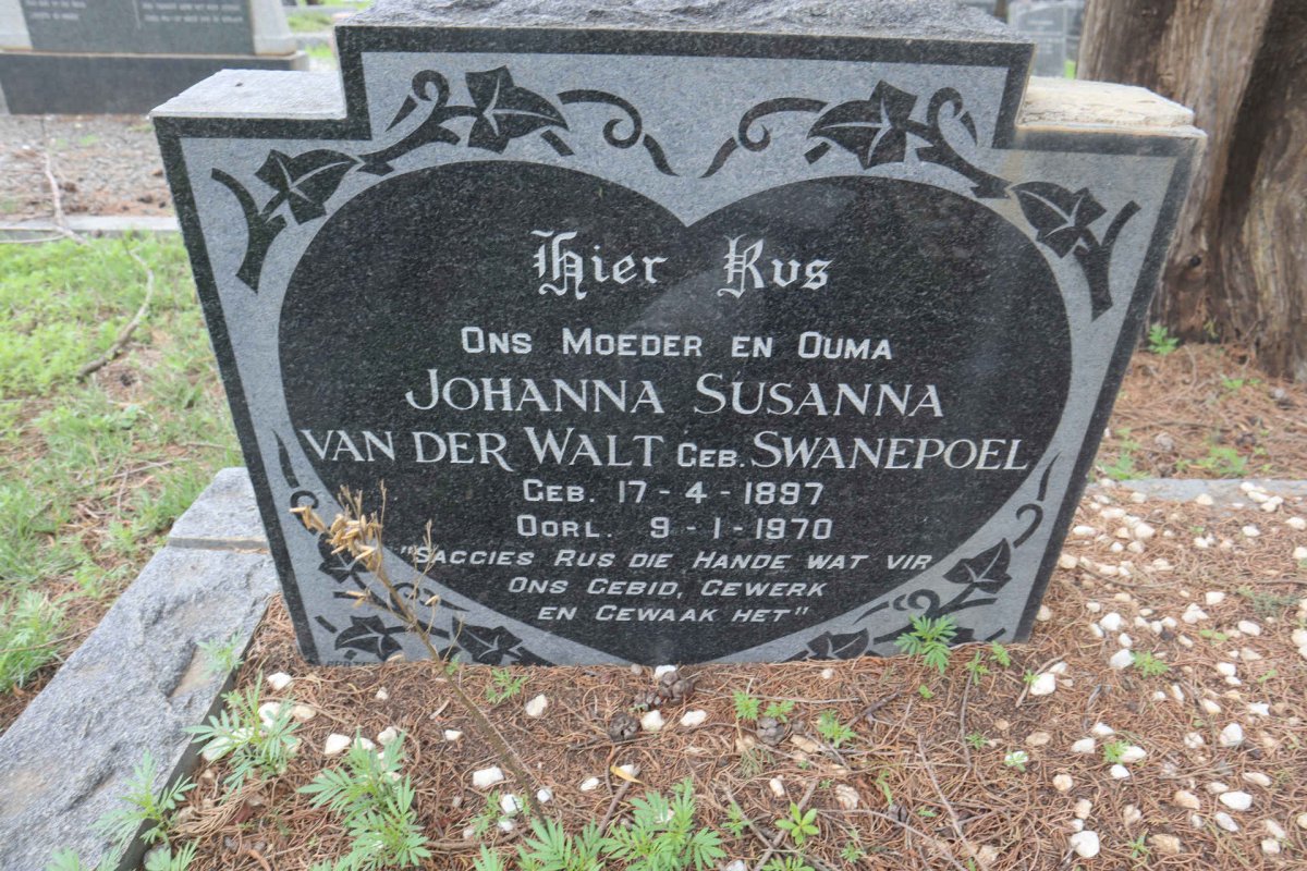WALT Johanna Susanna, van der nee SWANEPOEL 1897-1970