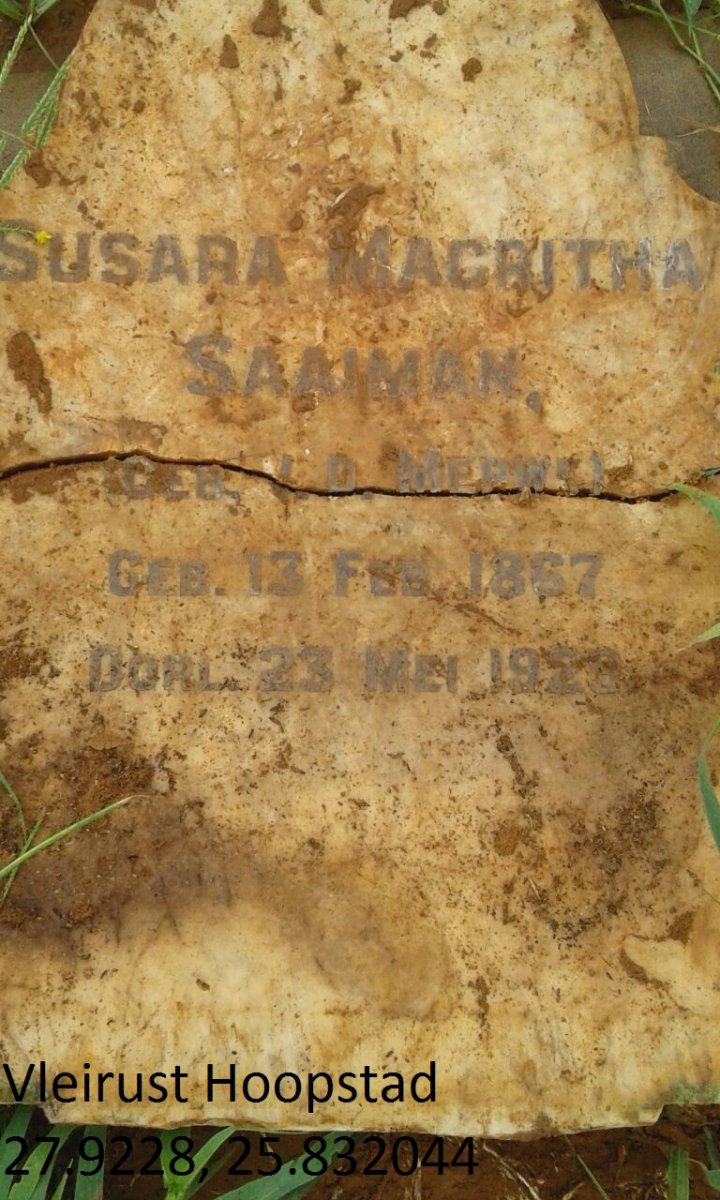 SAAIMAN Susara Magritha nee V.D. MERWE 1867-1929