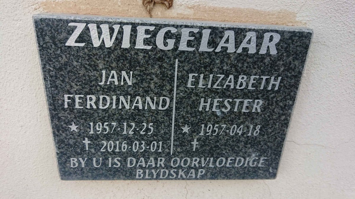 ZWIEGELAAR Jan Ferdinand 1957-2016 & Elizabeth Hester 1957-