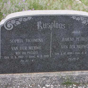 MERWE Barend Petrus, van der 1894-1963 &amp; Sophia Jacomina DU PLESSIS 1907-1978