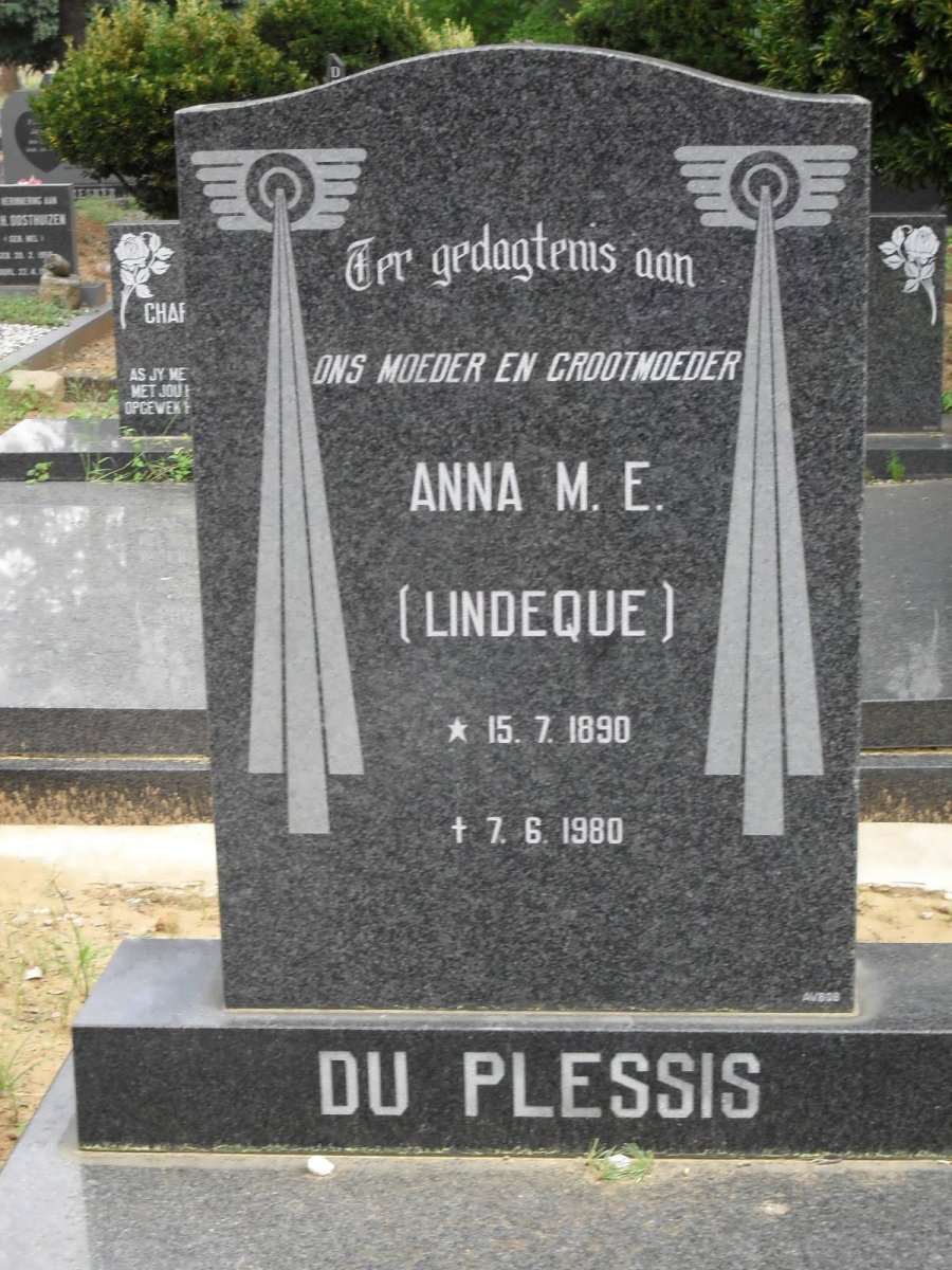PLESSIS Anna M.E., du nee LINDEQUE 1890-1980