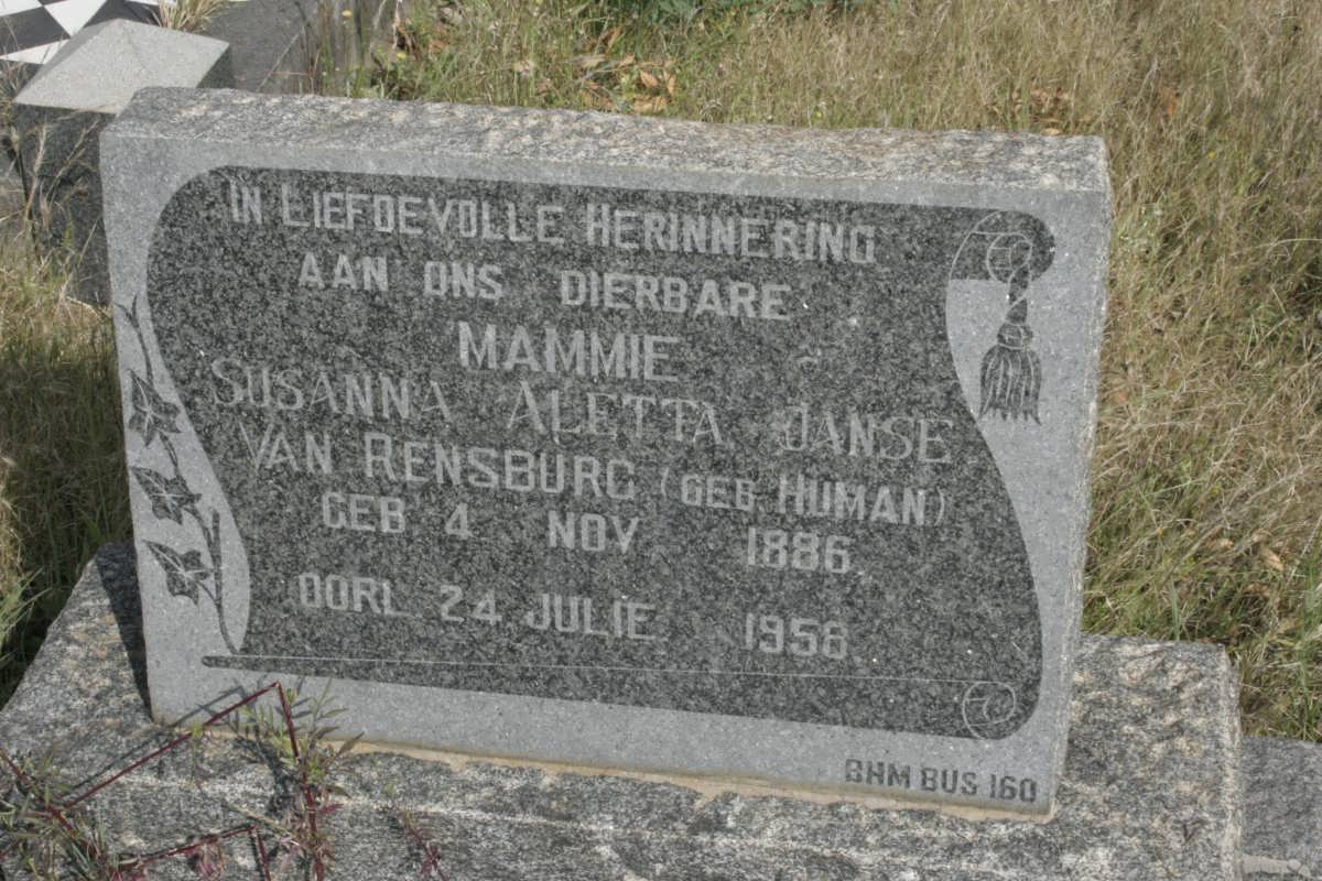 RENSBURG Susanna Aletta, janse van nee HUMAN 1886-1958