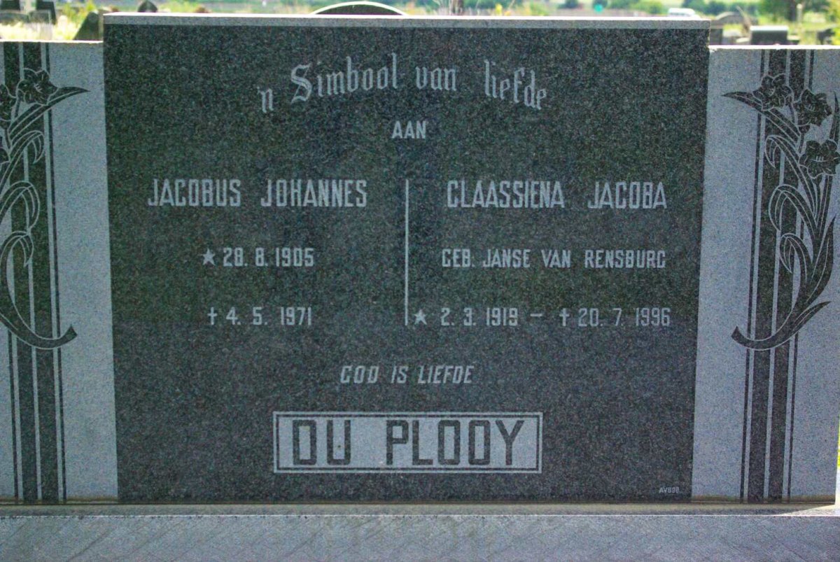 PLOOY Jacobus Johannes, du 1905-1971 &amp; Claassiena Jacoba JANSE VAN RENSBURG 1919-1996