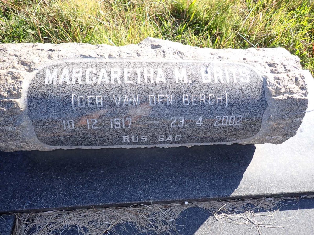 BRITS Margaretha M. nee VAN DEN BERGH 1917-2002