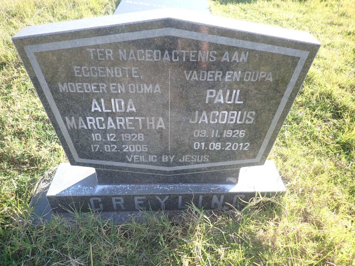 GREYLING Paul Jacobus 1926-2012 & Alida Margaretha 1928-2005
