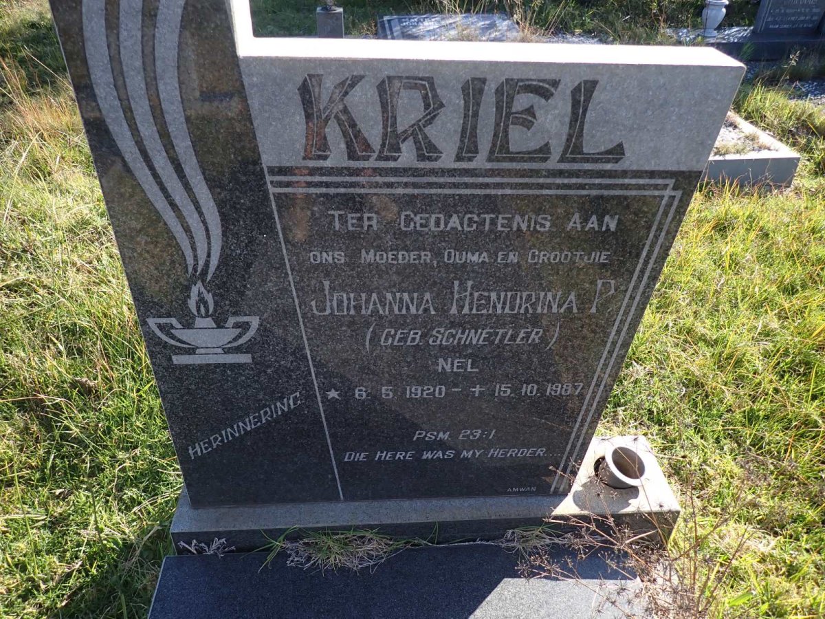 KRIEL Johanna Hendrina Pienaar voorheen NEL nee SCHNETLER 1920-1987