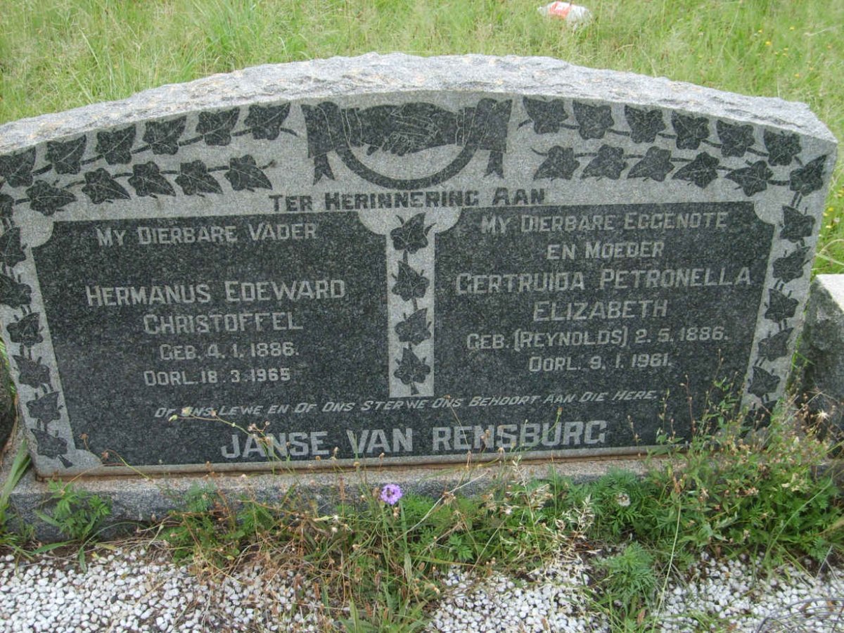 RENSBURG Hermanus Edeward Christoffel , Janse van 1886-1965 &amp; Gertruida Petronella Elizabeth REYNOLDS 1886-1961
