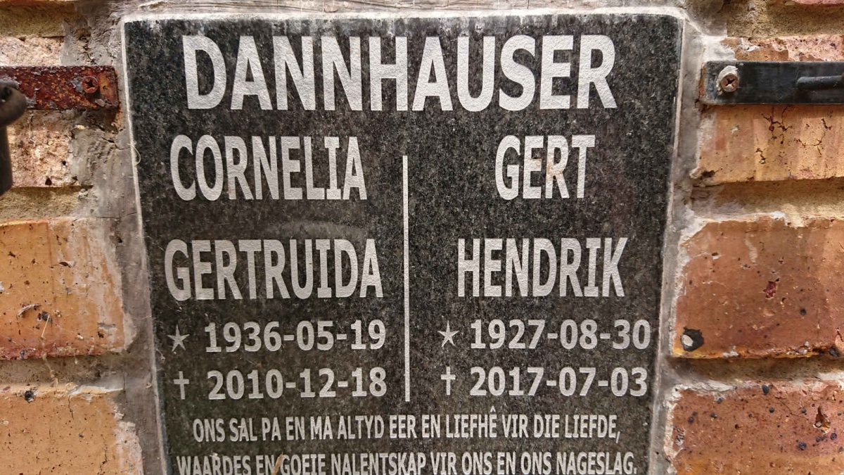 DANNHAUSER Gert Hendrik 1927-2017 & Cornelia Gertruida 1936-2010