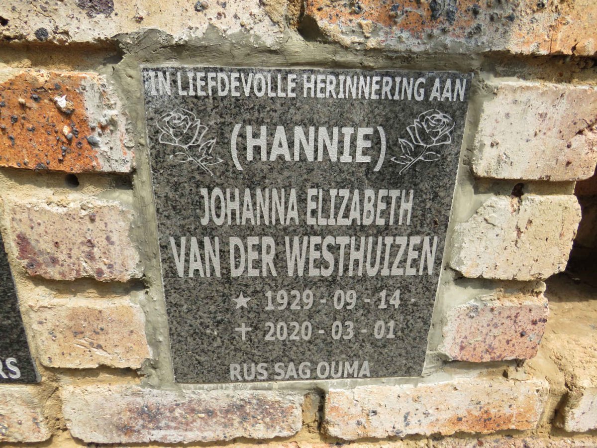 WESTHUIZEN Johanna Elizabeth, van der 1929-2020