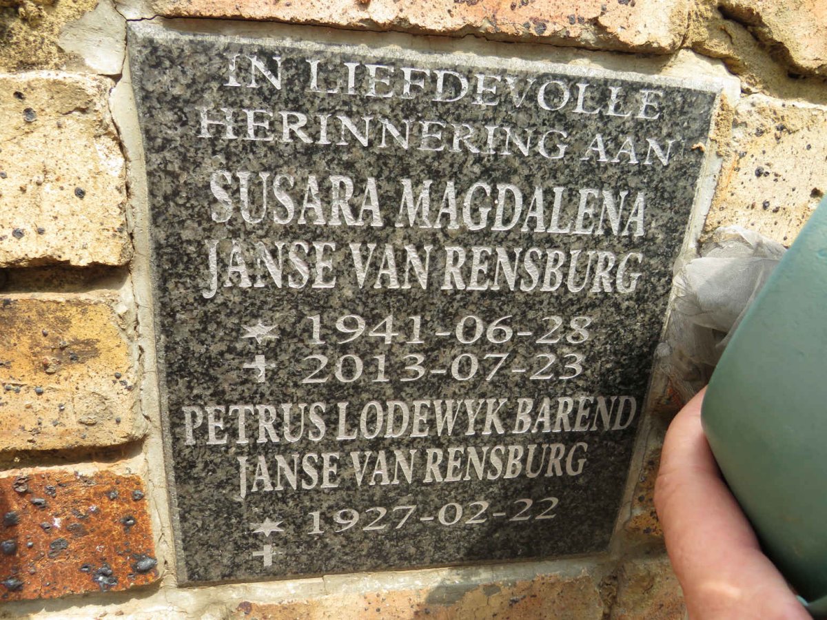 RENSBURG Petrus Lodewyk Barend, Janse van 1927- & Susara Magdalena 1941-2013