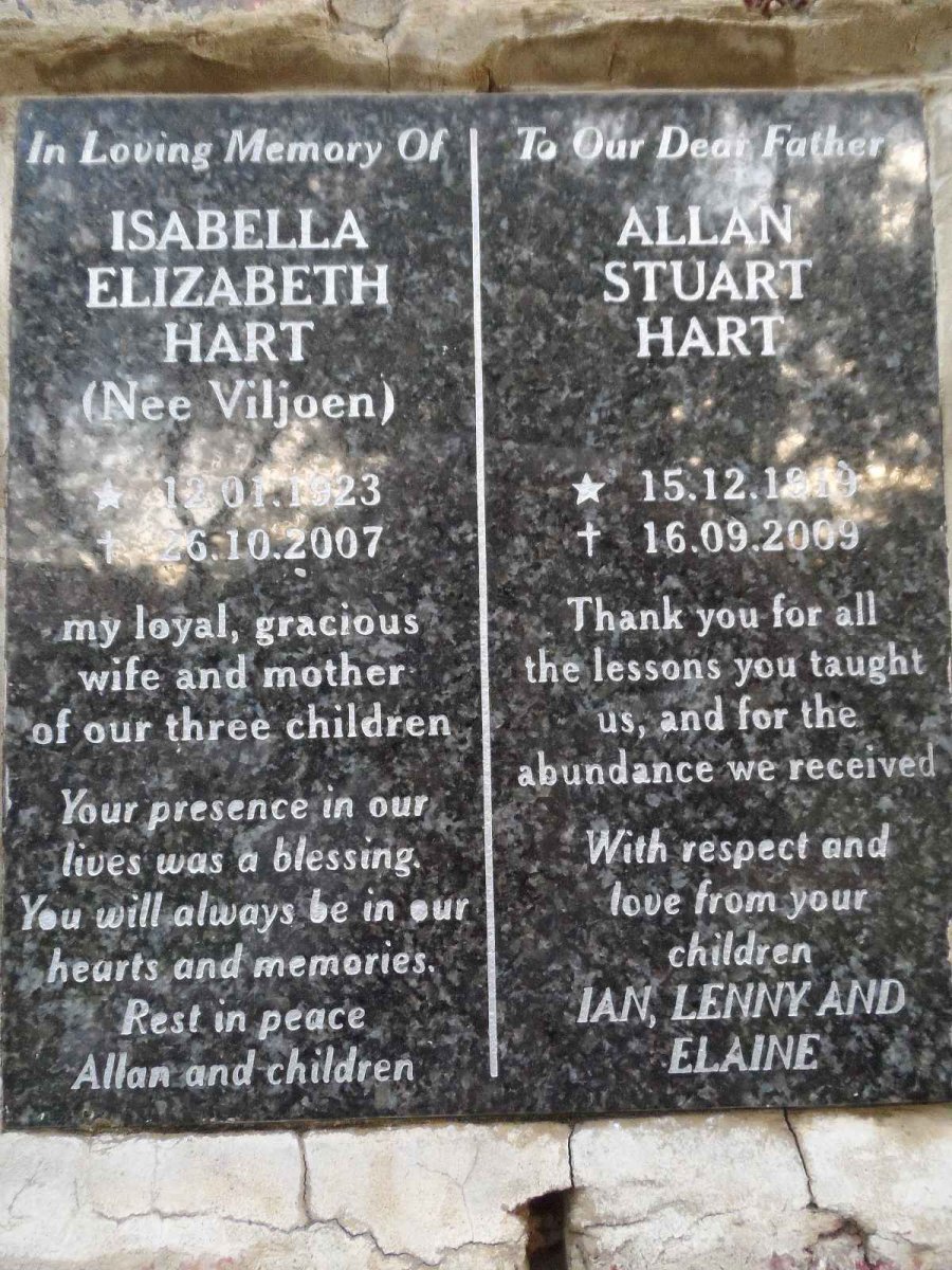 HART Allan Stuart 1919-2009 &amp; Isabella Elizabeth VILJOEN 1923-2007
