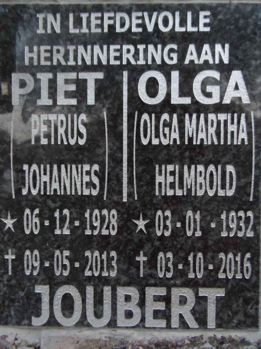 JOUBERT Piet Petrus Johannes 1928-2013 &amp; Olga Martha Helmbold 1932-2016
