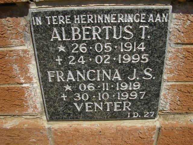 VENTER Albertus T. 1914-1995 &amp; Francina J.S. 1919-1997
