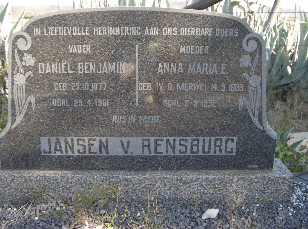 RENSBURG Daniël Benjamin, Jansen v. 1877-1961 &amp; Anna Maria E. V.D.MERWE 1888-1932