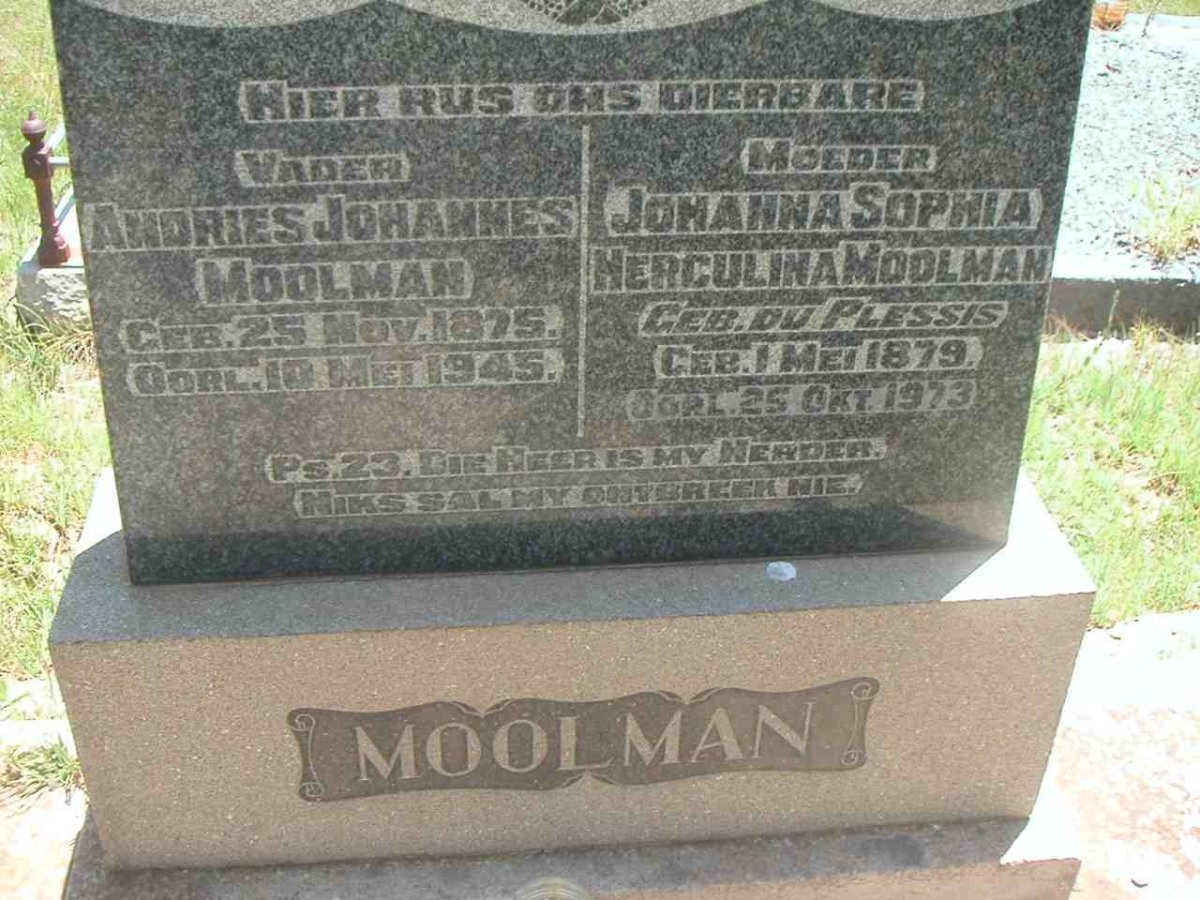 MOOLMAN Andries Johannes 1875-1945 &amp; Johanna Sophia Herculina DU PLESSIS 1879-1973