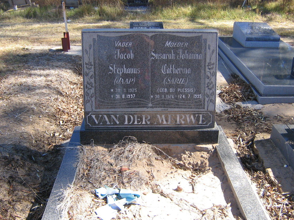 MERWE Jacob Stephanus 1925-1997 &amp; Susarah Johanna Catherina DU PLESSIS 1926-1995