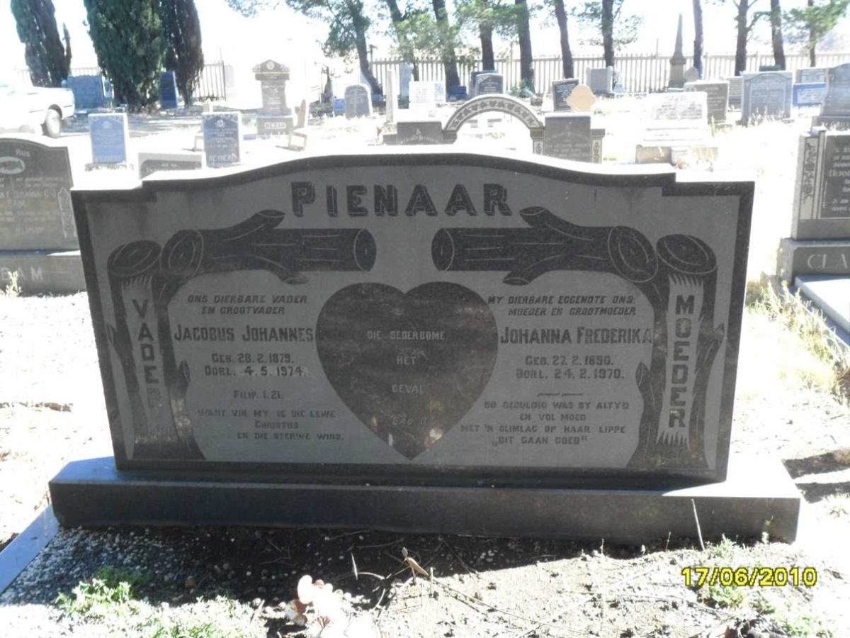 PIENAAR Jacobus Johannes 1875-1974 &amp; Johanna Fredrika 1890-1970