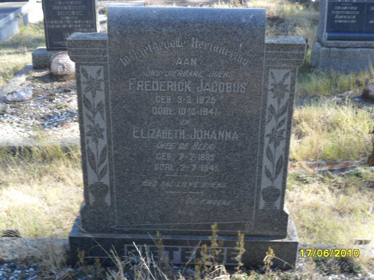 PIETERSE Frederick Jacobus 1875-1941 &amp; Elizabeth Johanna DE BEER 1885-1945