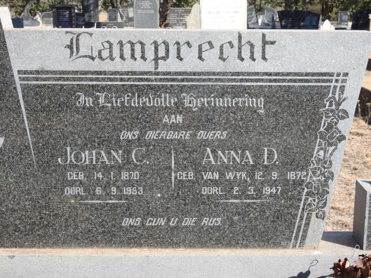 LAMPRECHT Johan C. 1870-1953 &amp; Anna D. VAN WYK 1872-1947